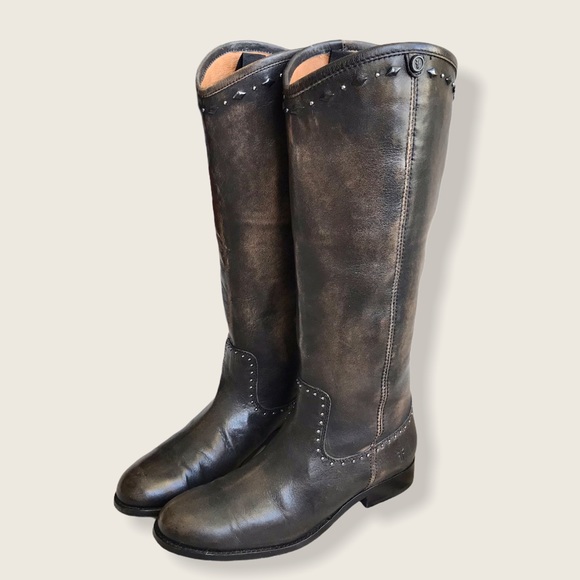 $398 RARE Frye Melissa Rhinestone Button Distressed Vintage Pull On Tall Boots - Picture 6 of 16